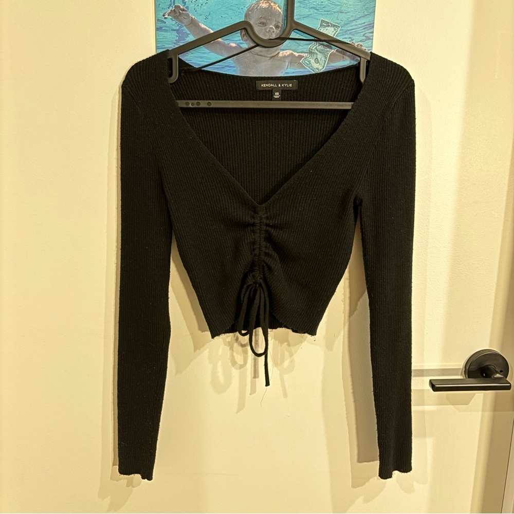 KENDALL + KYLIE Women Cropped Knit Sweater with Drawstring